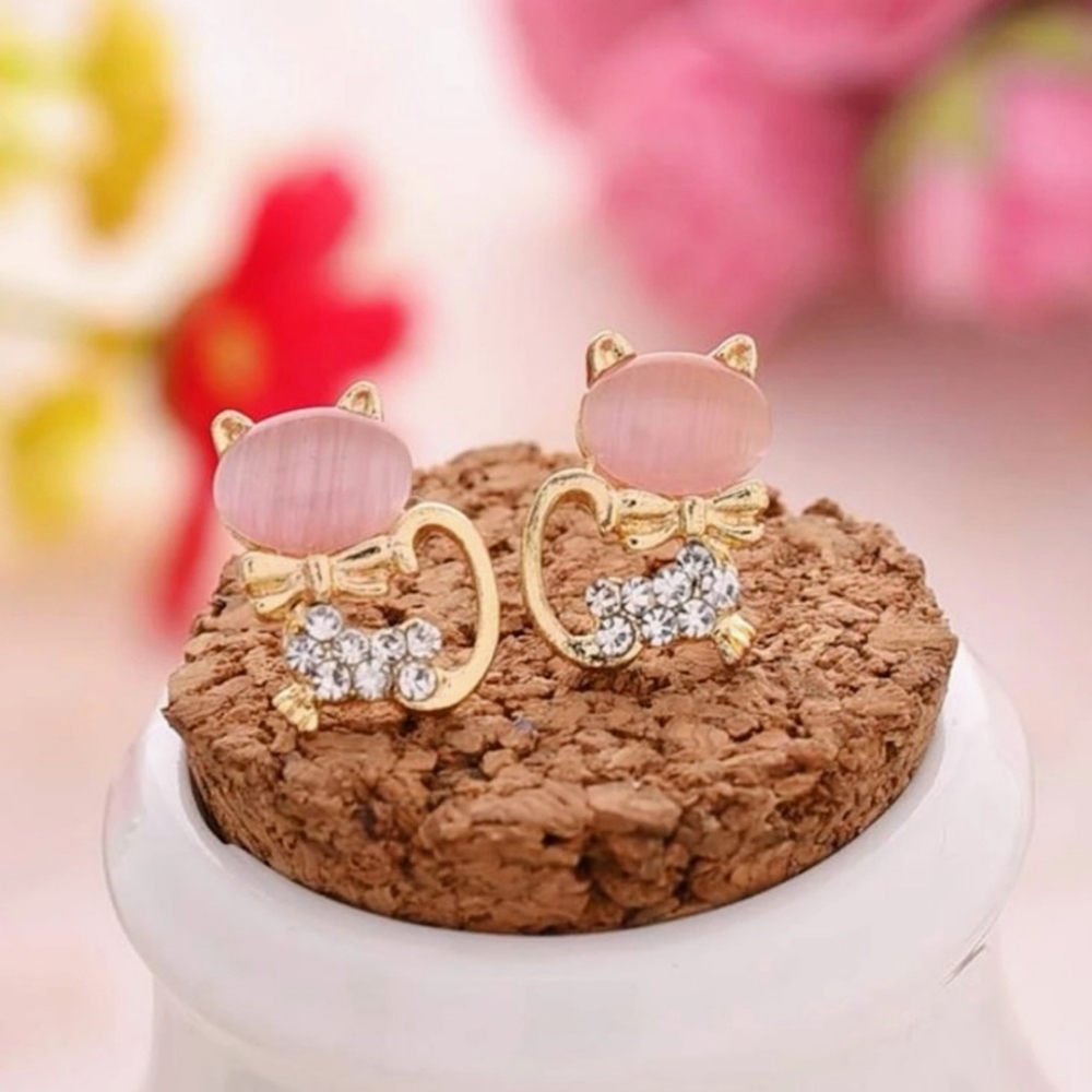 Pink Opal Rhinestone Gold Cat Earrings ✨️ - Picture 2 of 9